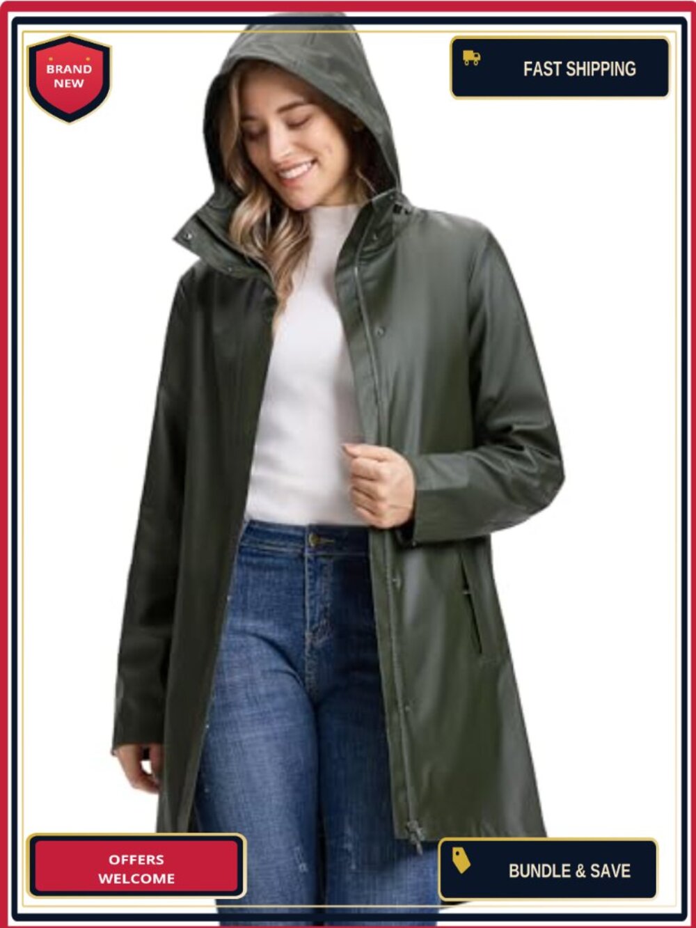 Women's Waterproof Long Rain Jacket PU Trench Coat Windbreaker